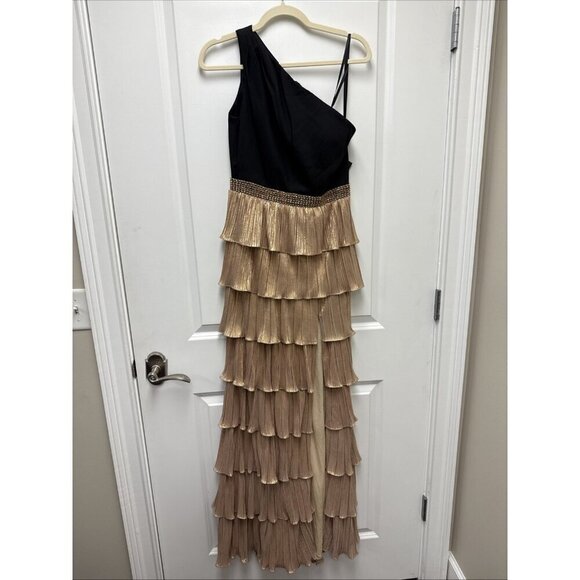 Mac Duggal Sz 4 26541 One Shoulder Gold Black Layered Ruffle Tiered Dress Gown - Picture 4 of 12